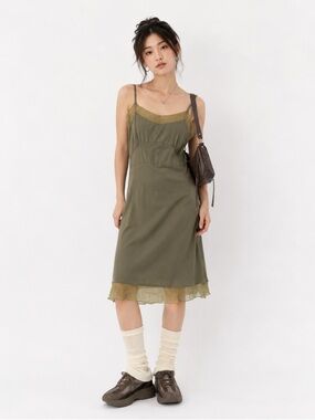 Olive Green Midi Slip Dress with Sheer Contrast Trim
